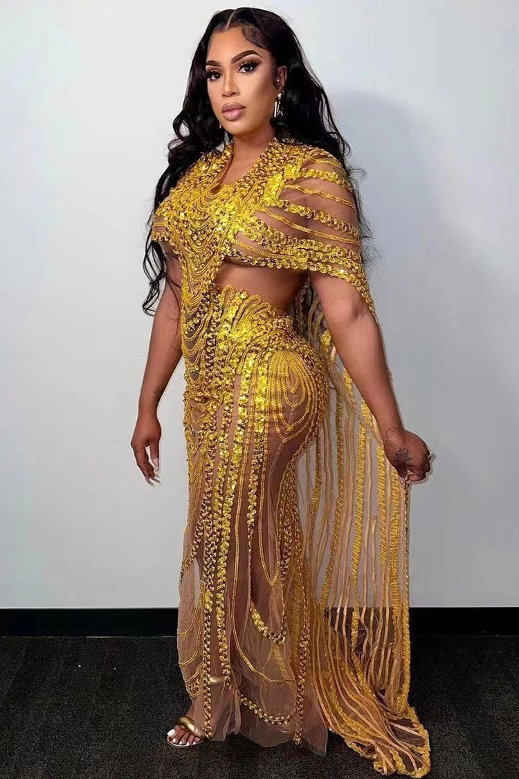 Mock Neck Rhinestone Mesh Cape Sleeve Cut Out Maxi Gown