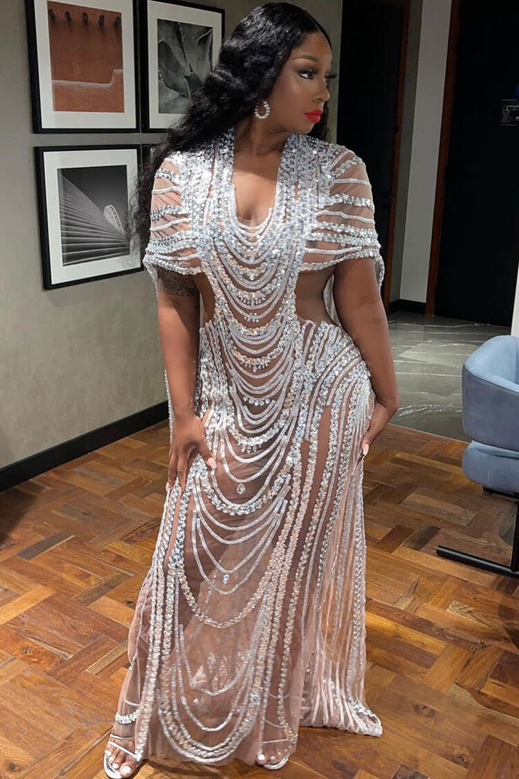 Deep V-Neck Rhinestone Mesh Cape Sleeve Cut Out High Split Maxi Gown