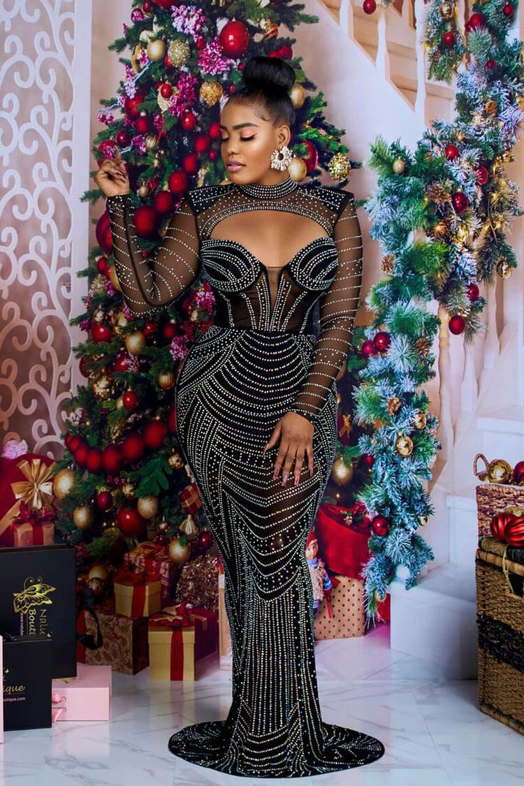 Mock Neck Keyhole Cutout Long Sleeve Rhinestone Mesh Mermaid Maxi Gown