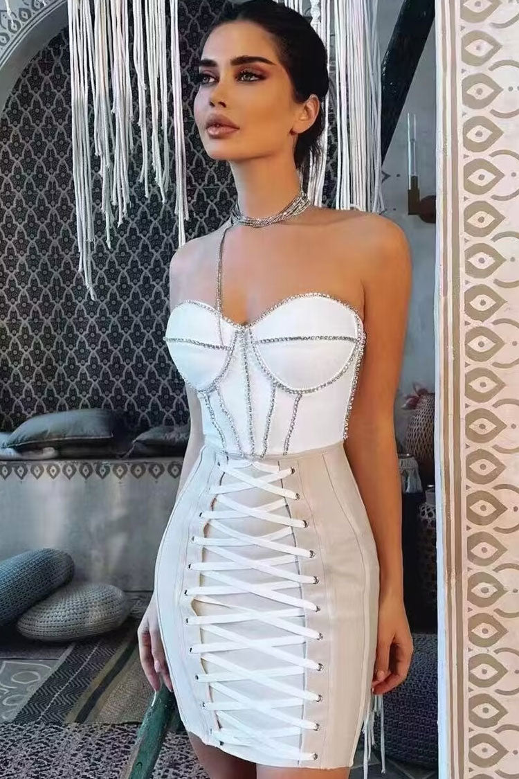 Strapless Sweetheart Rhinestone Trim Lace-Up Front Bandage Mini Dress 2
