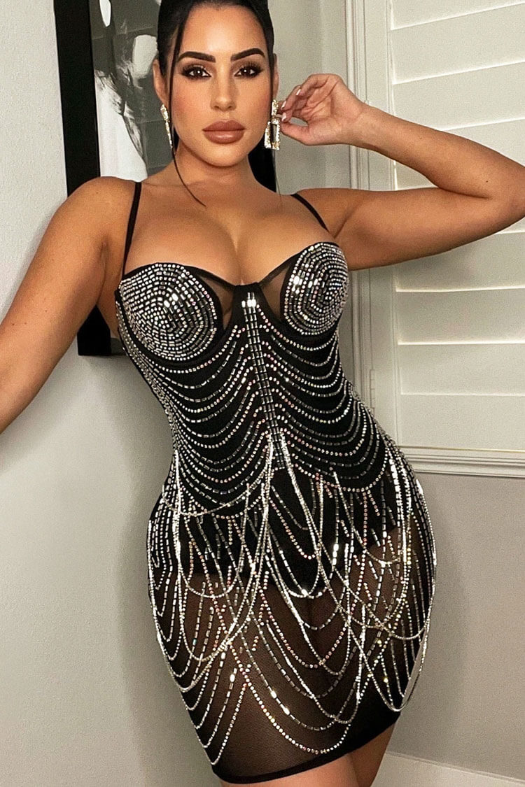 Rhinestone Sweetheart Neck Sheer Mesh Draped Chain Bodycon Mini Dress