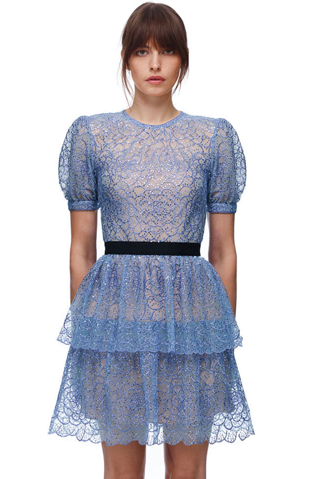 Sequin Floral Lace Puff Sleeve Crew Neck Contrast Waist Tiered Mini Dress