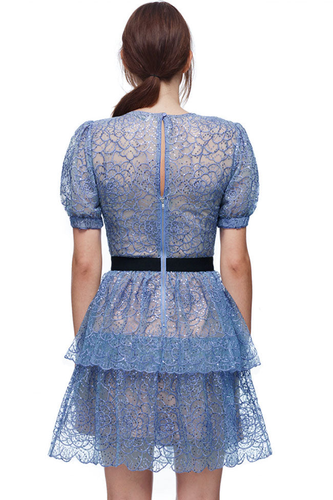 Sequin Floral Lace Puff Sleeve Crew Neck Contrast Waist Tiered Mini Dress 3