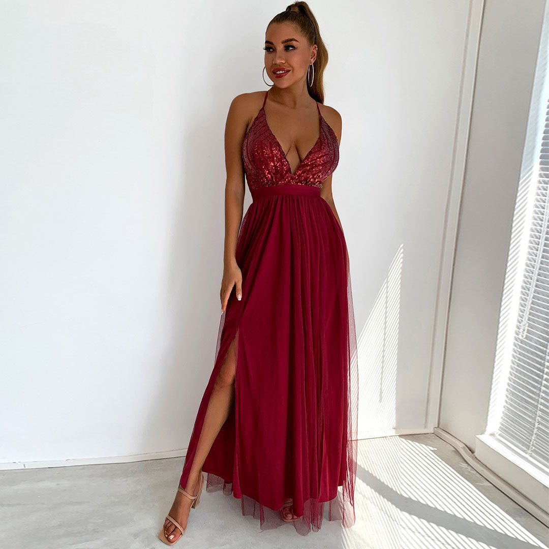 Sequin Plunging V Neck Spaghetti Strap Mesh High Slit Maxi Dress