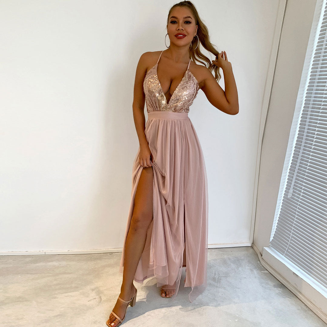 Sequin Plunging V Neck Spaghetti Strap Mesh High Slit Maxi Dress