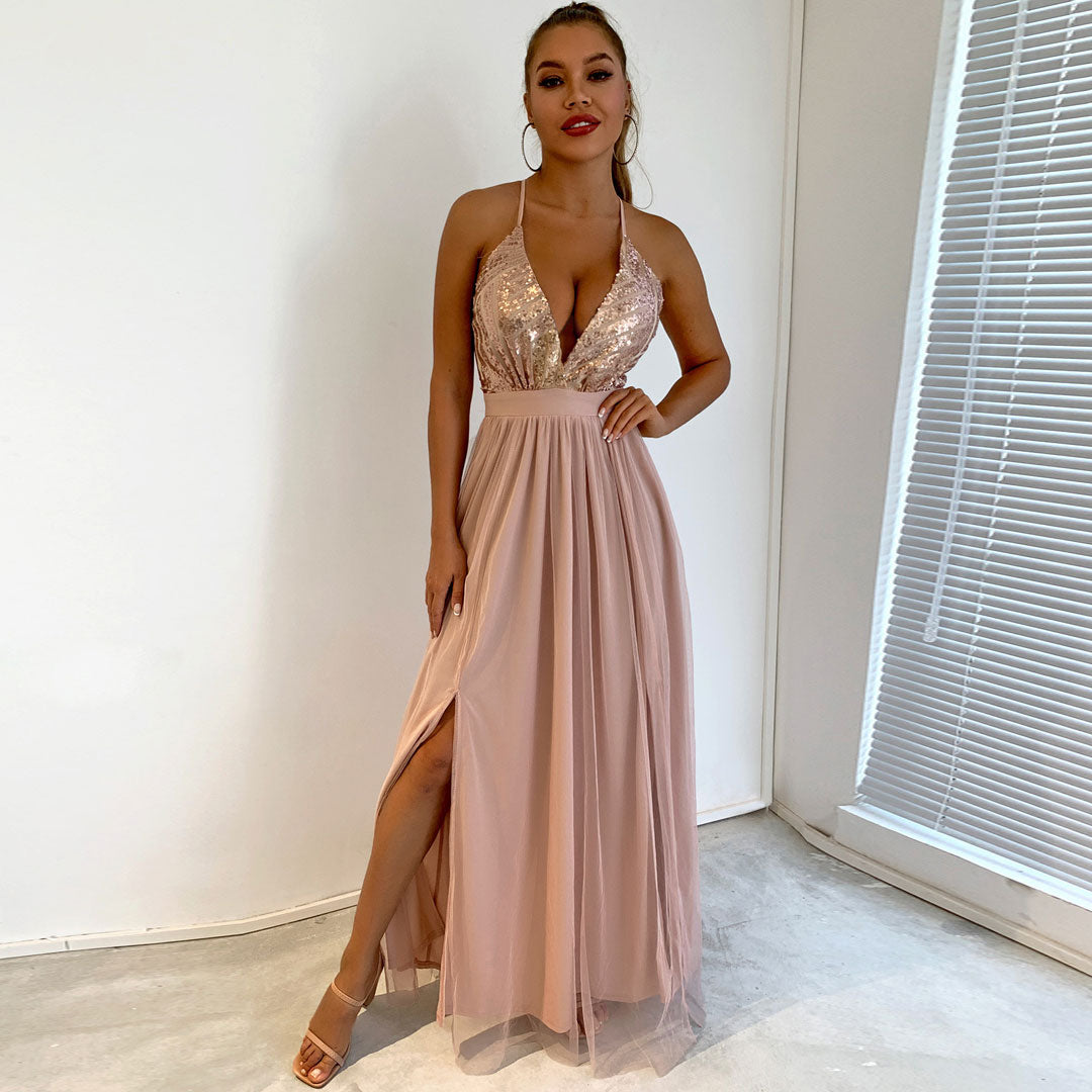 Sequin Plunging V Neck Spaghetti Strap Mesh High Slit Maxi Dress 2