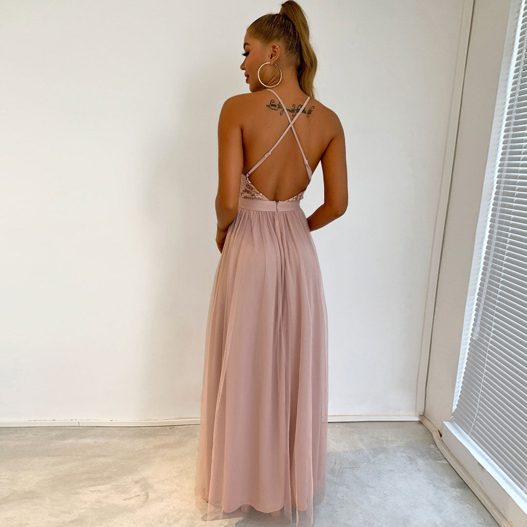 Sequin Plunging V Neck Spaghetti Strap Mesh High Slit Maxi Dress 3