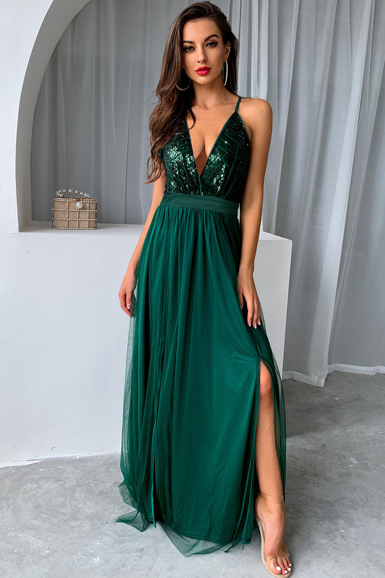Sequin Deep V-Neck Spaghetti Strap High Slit Layered Tulle Maxi Gown 2
