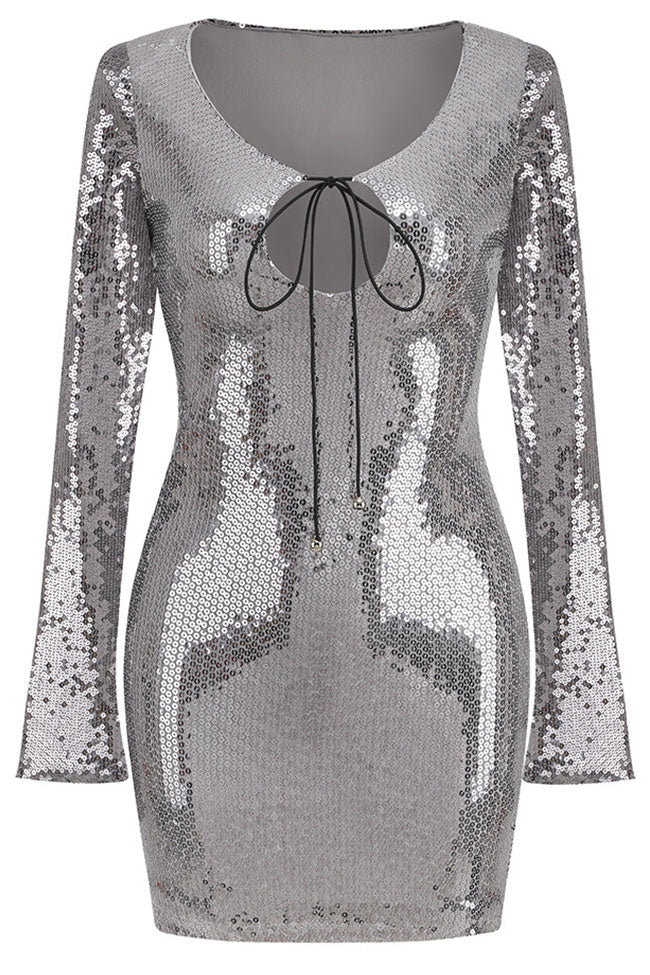 Scoop Neck Keyhole Drawstring Tie Long Sleeve All-Over Sequin Bodycon Mini Dress 3