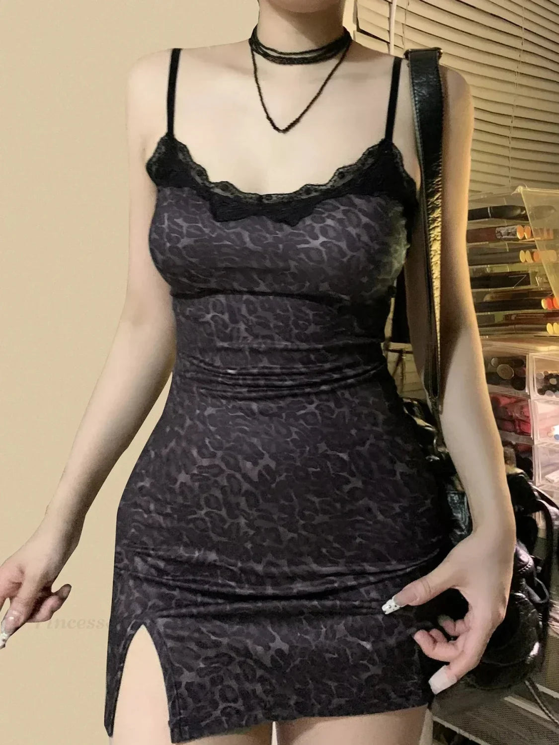 Spotted Lace Trim V-Neck Spaghetti Strap Side Slit Bodycon Mini Dress