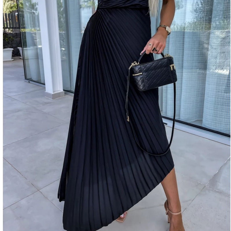 One-Shoulder Accordion Pleat Waist Cutout Handkerchief Hem Maxi Dress 10