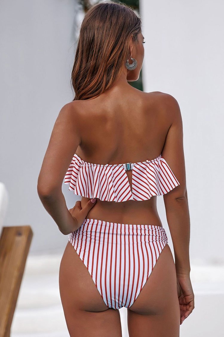 Striped High Waist Notch Front Bandeau Bikini Swimsuit - Two Piece Set