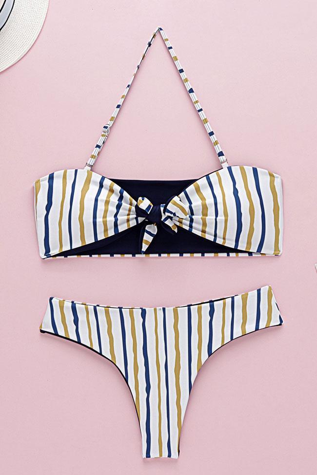 Striped Knotted Front Bandeau Bikini Swimsuit - Two Piece Set