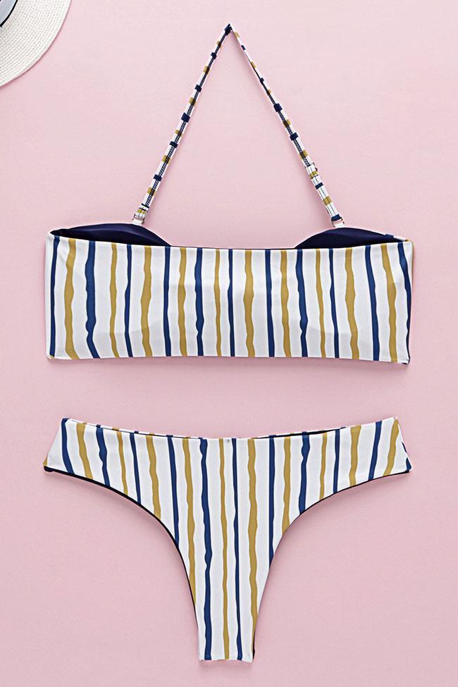 Striped Knotted Front Bandeau Bikini Swimsuit - Two Piece Set
