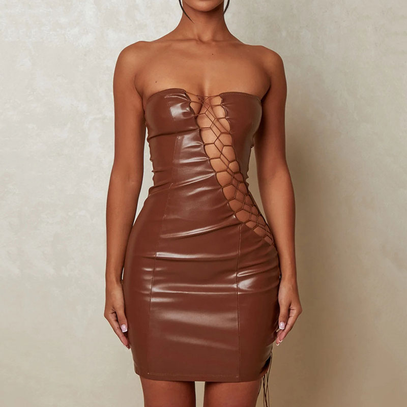 Strapless Diagonal Lace Up Cutout Faux Leather Bodycon Mini Dress