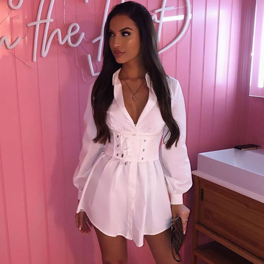 Collared Button Front Lace Up Corset Waist Mini Shirt Dress
