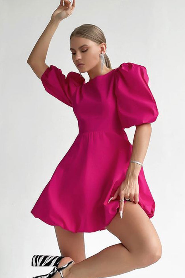 Crew Neck Puff Sleeve Bubble Hem Backless Mini Dress