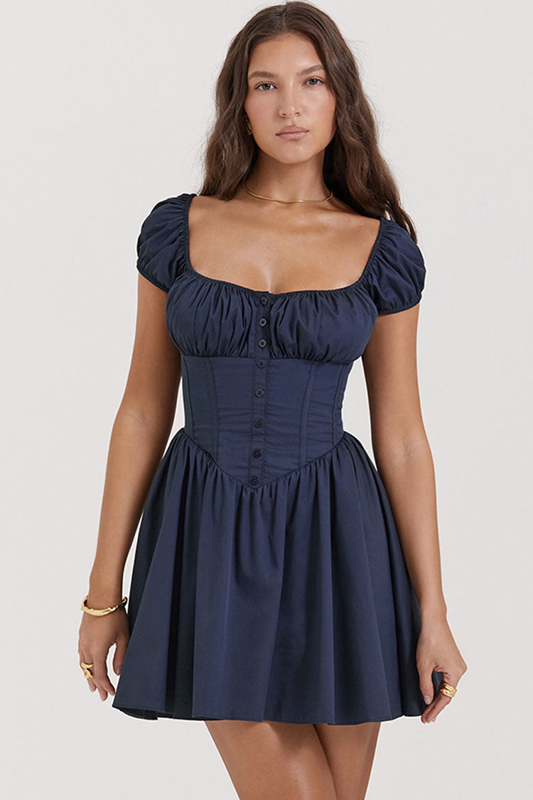 Scoop Neck Cap Sleeve Corset Button Front Fit and Flare Mini Dress 4