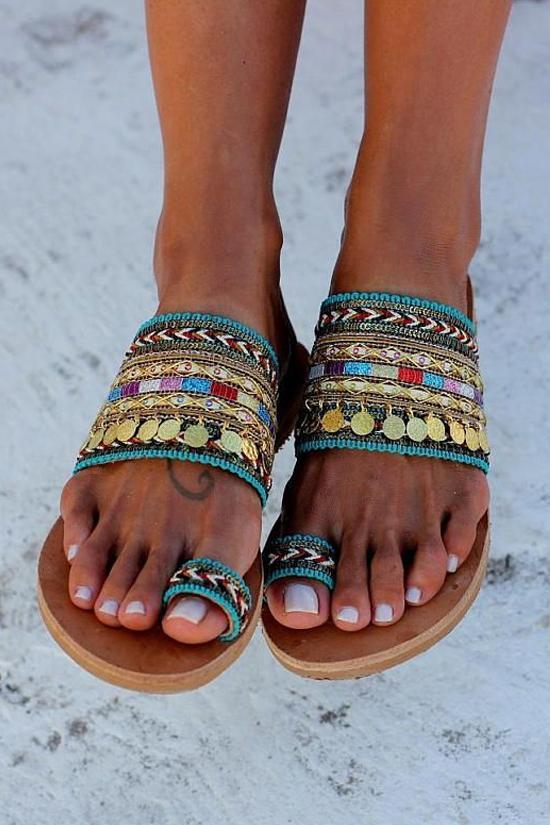 Tassel Toe Ring Boho Woven Flat Slide Sandals