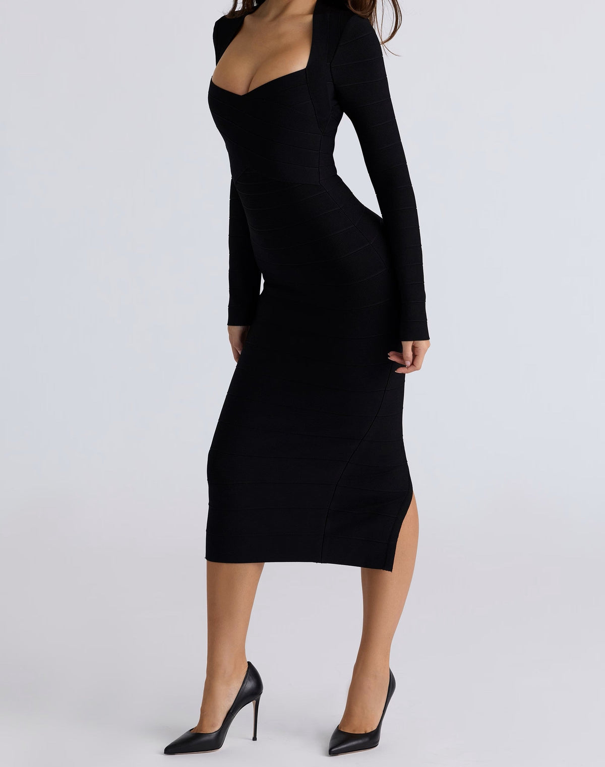 Sweetheart Plunge Long Sleeve Criss Cross Bandage Midi Dress 2