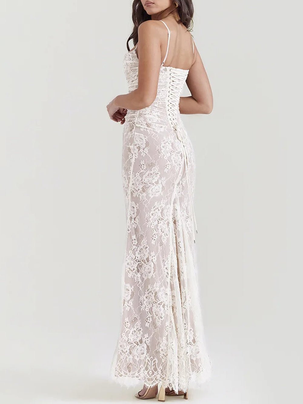 Floral Lace Sweetheart Spaghetti Strap Ruched Detached Sleeve Column Maxi Gown 8