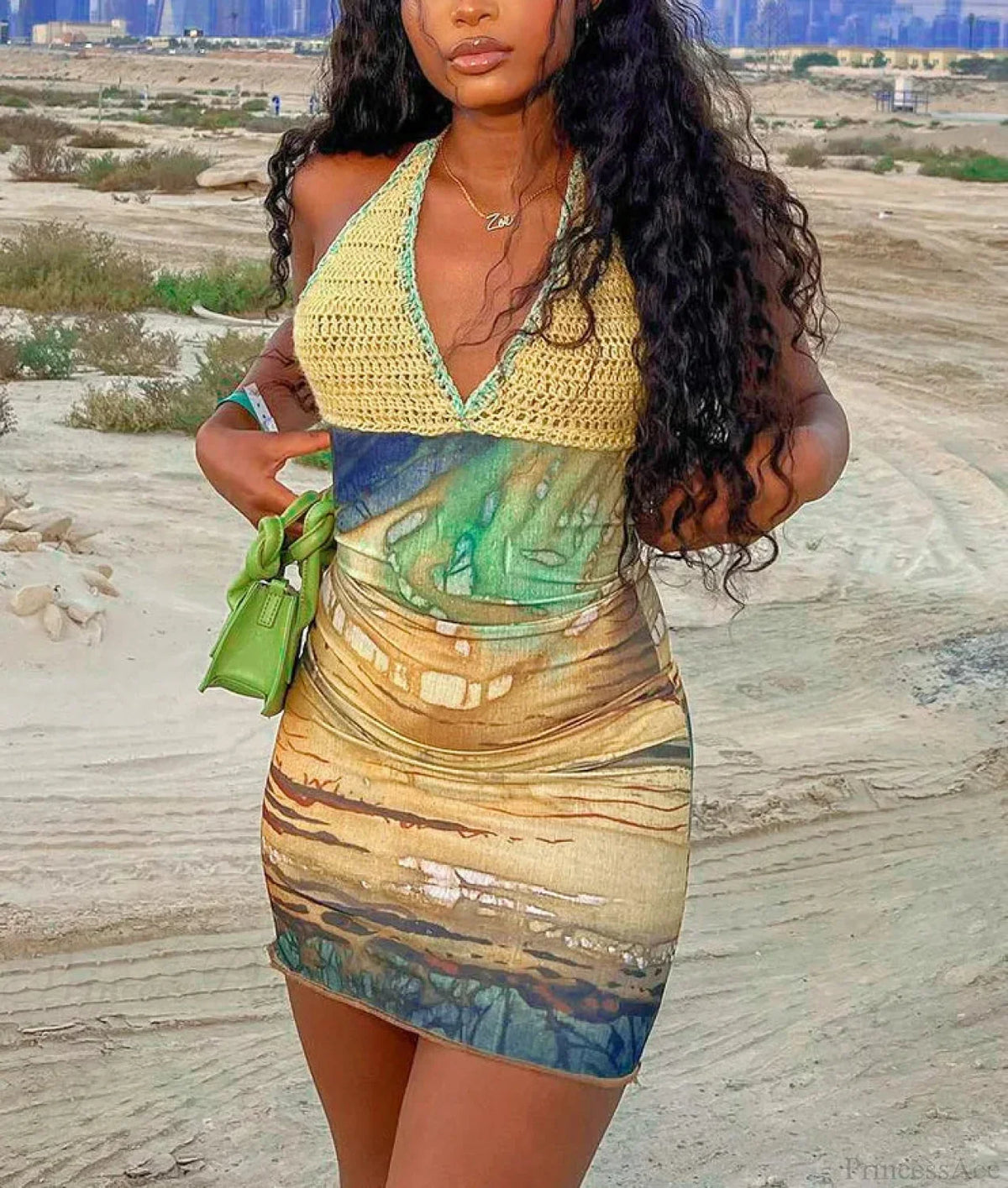 Crochet Halter Deep V Abstract Print Mesh Bodycon Mini Dress