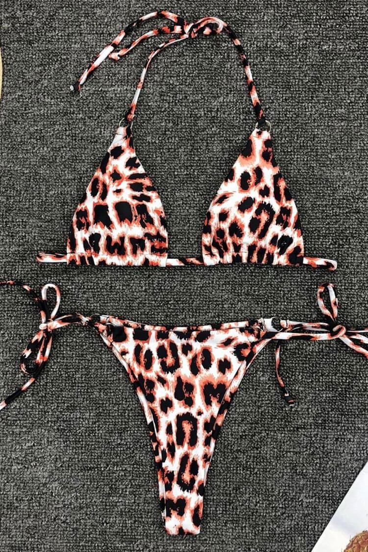 Tie Side Leopard Slide Triangle Bikini - Two Piece Swimsuit