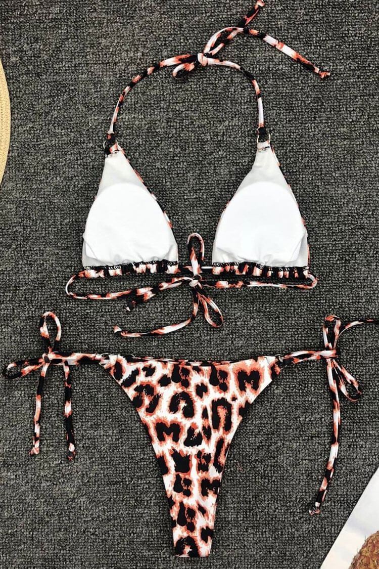 Tie Side Leopard Slide Triangle Bikini - Two Piece Swimsuit