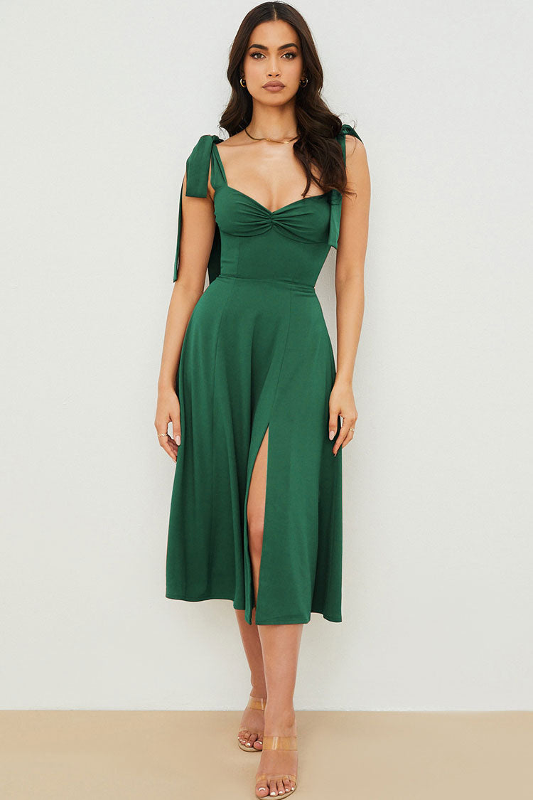 Tie Shoulder Strap Sweetheart Ruched Bust High Split Fit and Flare Midi Dress
