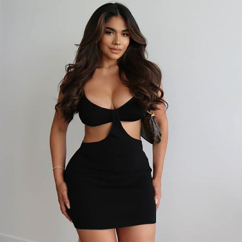Rib Knit Deep V-Neck Spaghetti Strap Side Waist Cutout Bodycon Mini Dress