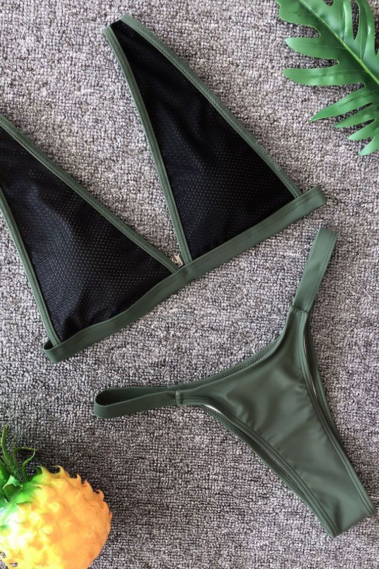 Trendy V Neck Meshnet Triangle Thong Bikini Swimsuit - Two Piece Set