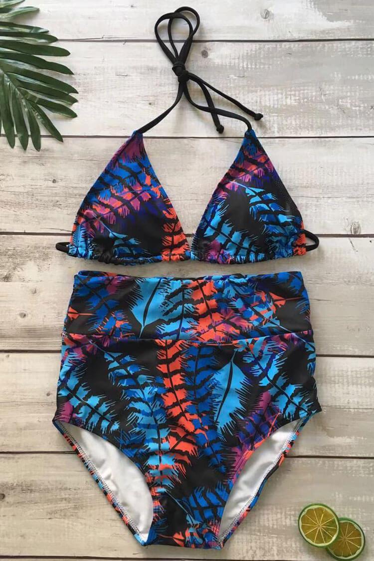 Tropical High Waist Slide Triangle Halter Bikini Swimsuit - Two Piece Set