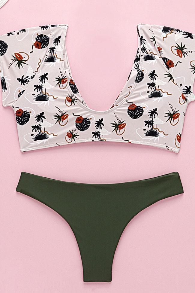 Tropical Sleeved Twist Front Bikini Swimsuit - Two Piece Set