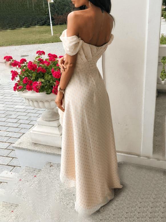 Heart Neckline Off-Shoulder Ruched Crisscross Dot Print Fit-and-Flare Mini Dress 4