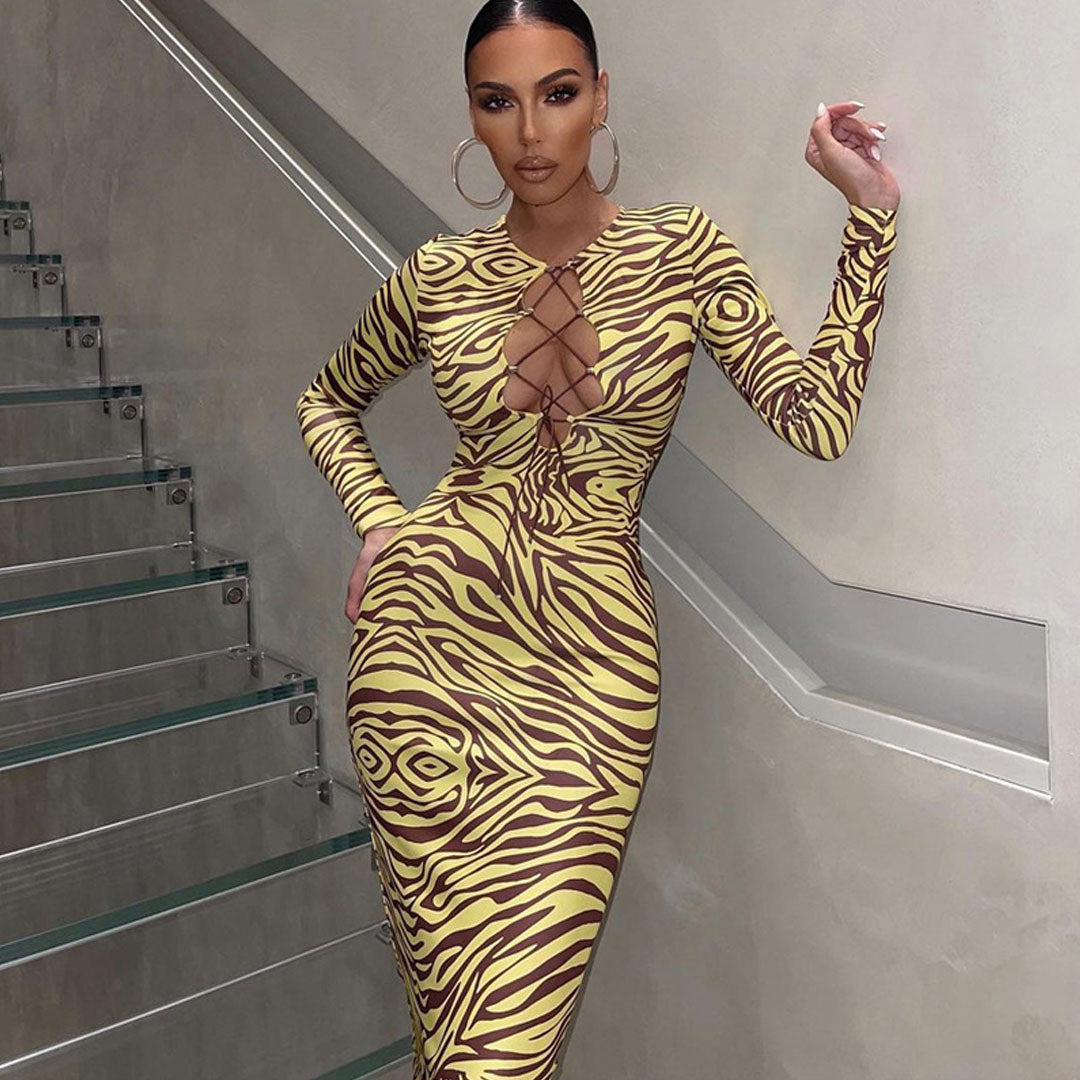 Crew Neck Lace Up Chest Cutout Print Long Sleeve Bodycon Midi Dress