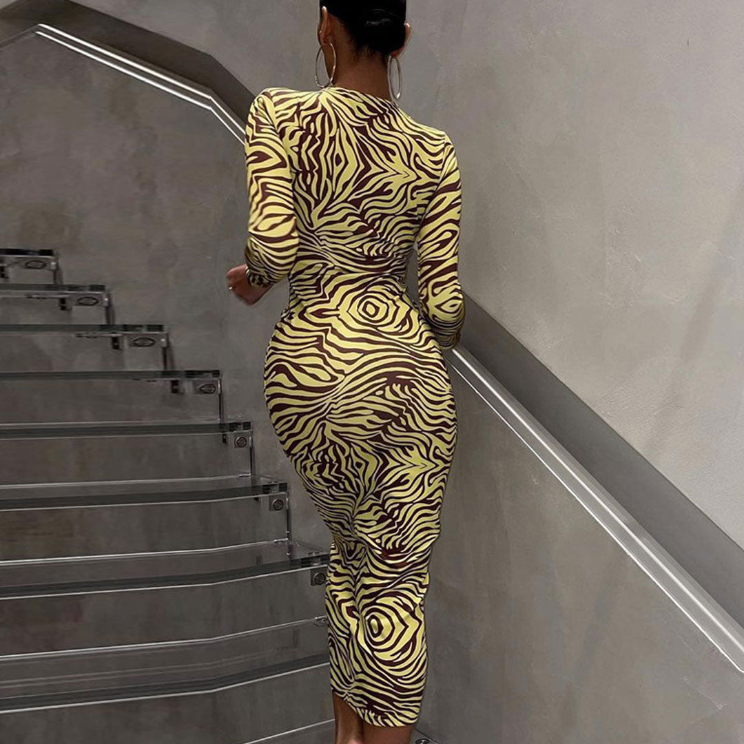 Crew Neck Lace Up Chest Cutout Print Long Sleeve Bodycon Midi Dress 3