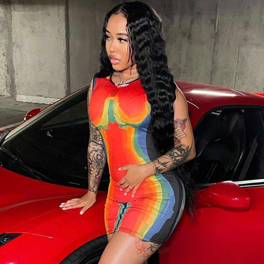Crew Neck Thermal Body Print Sleeveless Bodycon Mini Dress 2