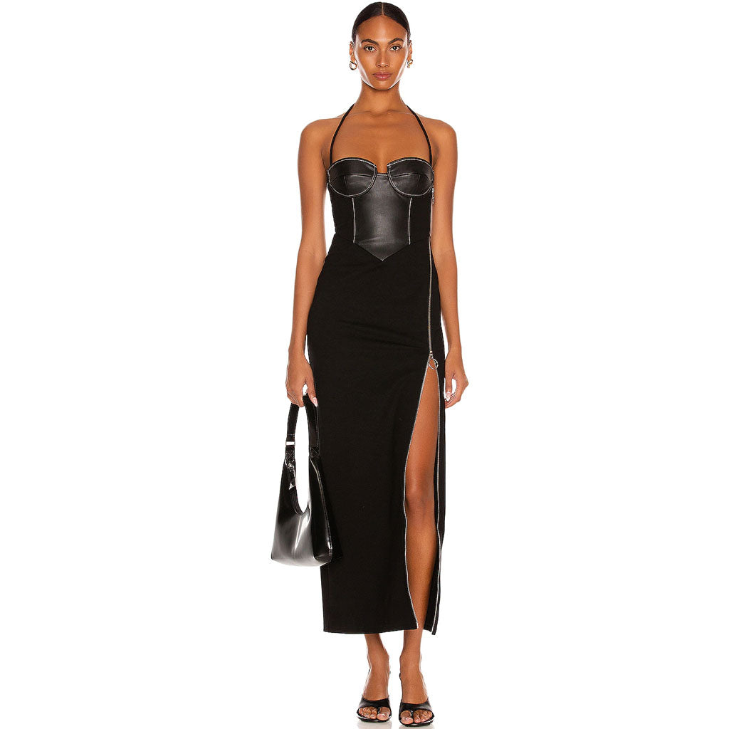Halter Faux Leather Corset Panel Zip Thigh Slit Column Maxi Dress 2