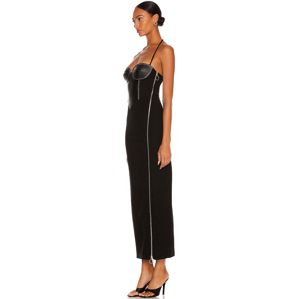 Halter Faux Leather Corset Panel Zip Thigh Slit Column Maxi Dress 3