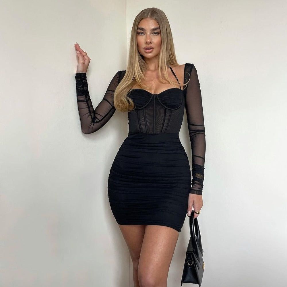 Halter Sweetheart Mesh Corset Bustier Off Shoulder Ruched Sleeve Bodycon Mini Dress 3