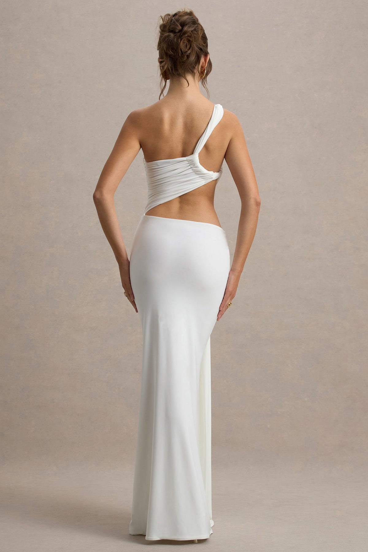 One Shoulder Ruched Side Cutout Hip Twist Drape Train Maxi Gown 10