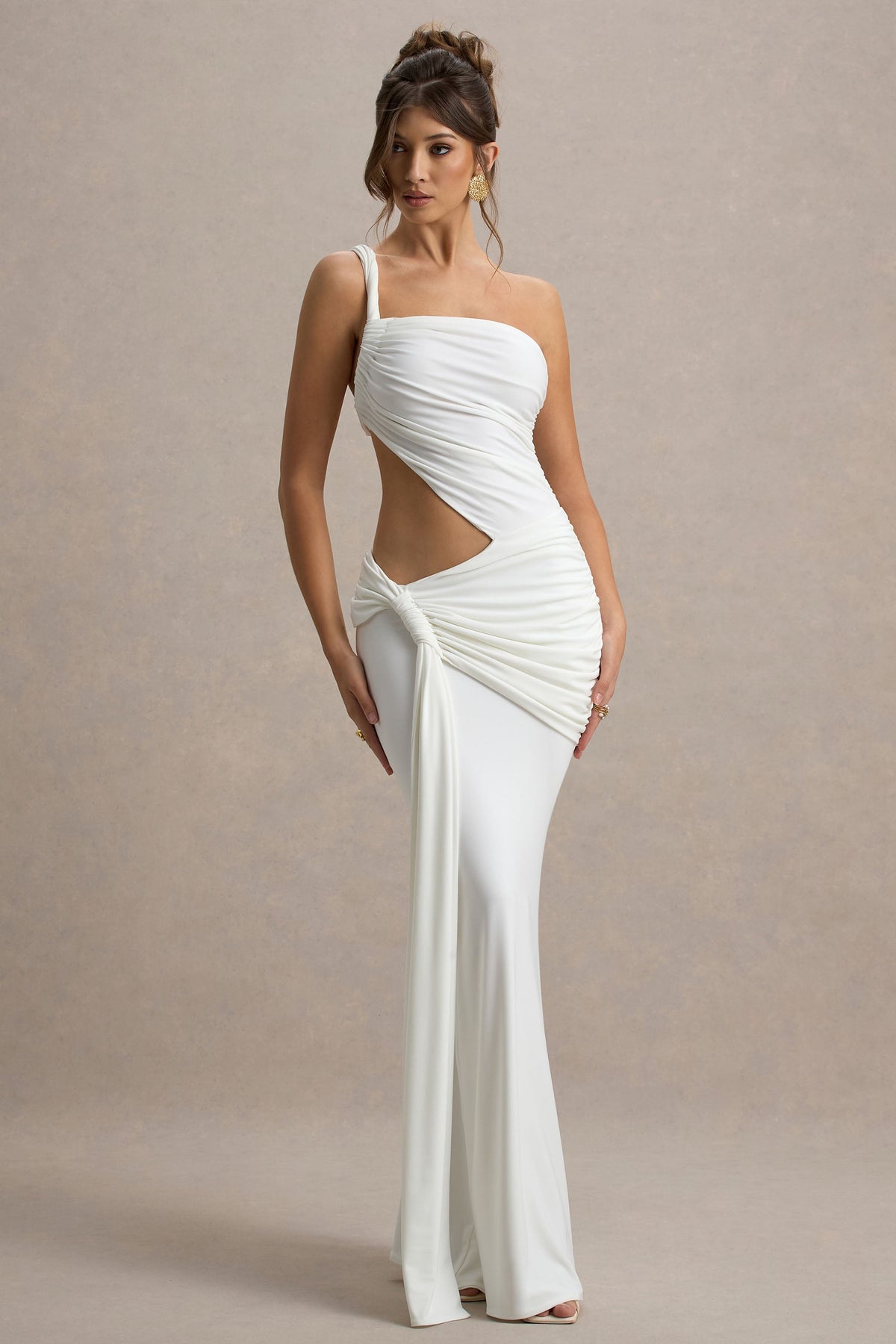 One Shoulder Ruched Side Cutout Hip Twist Drape Train Maxi Gown 8