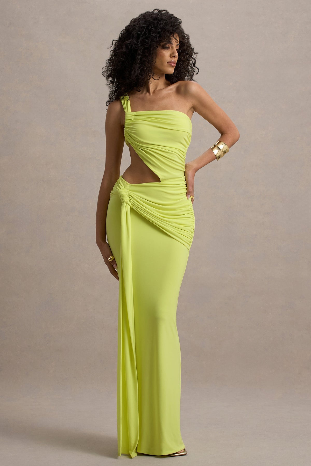 One Shoulder Ruched Side Cutout Hip Twist Drape Train Maxi Gown
