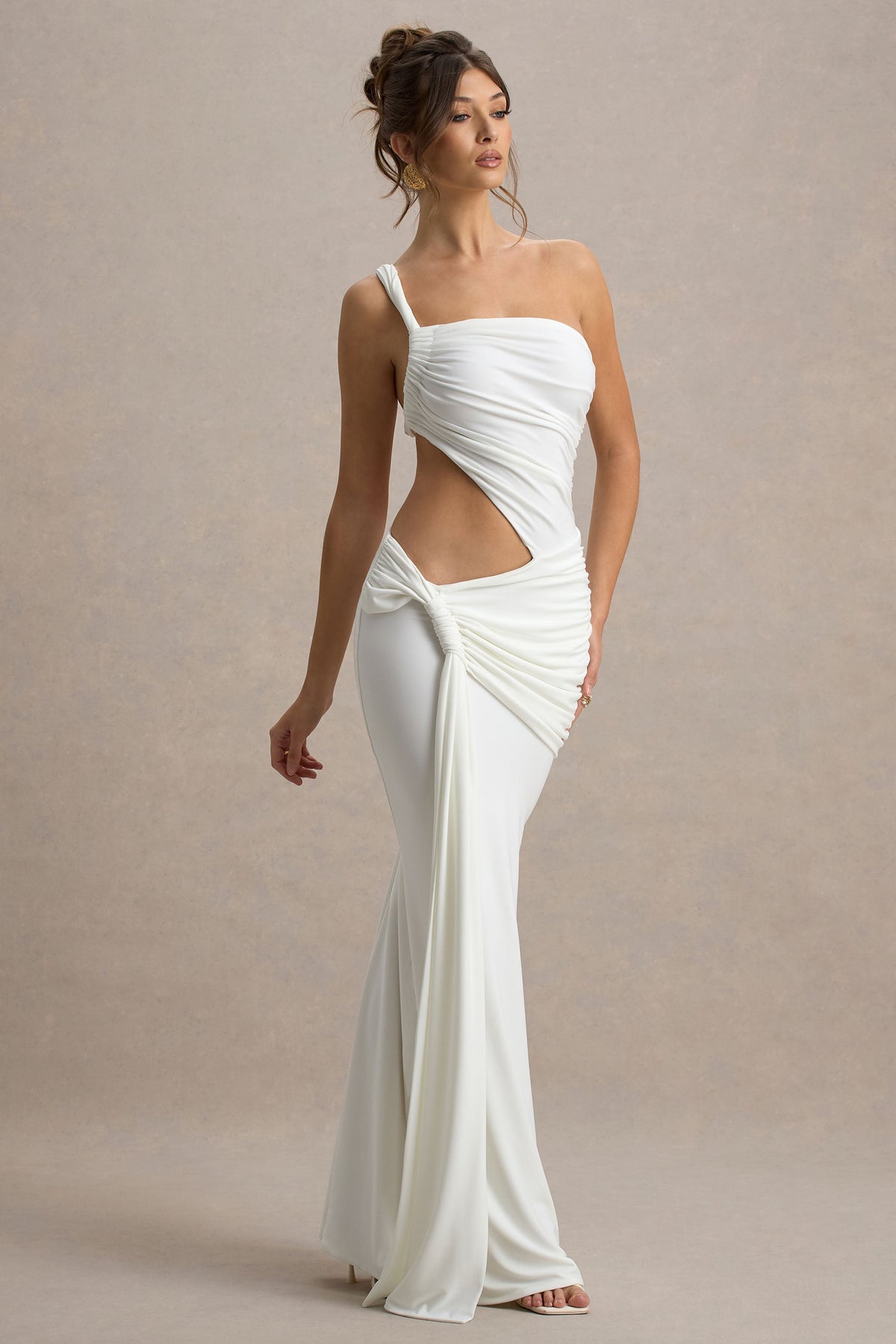 One Shoulder Ruched Side Cutout Hip Twist Drape Train Maxi Gown 9