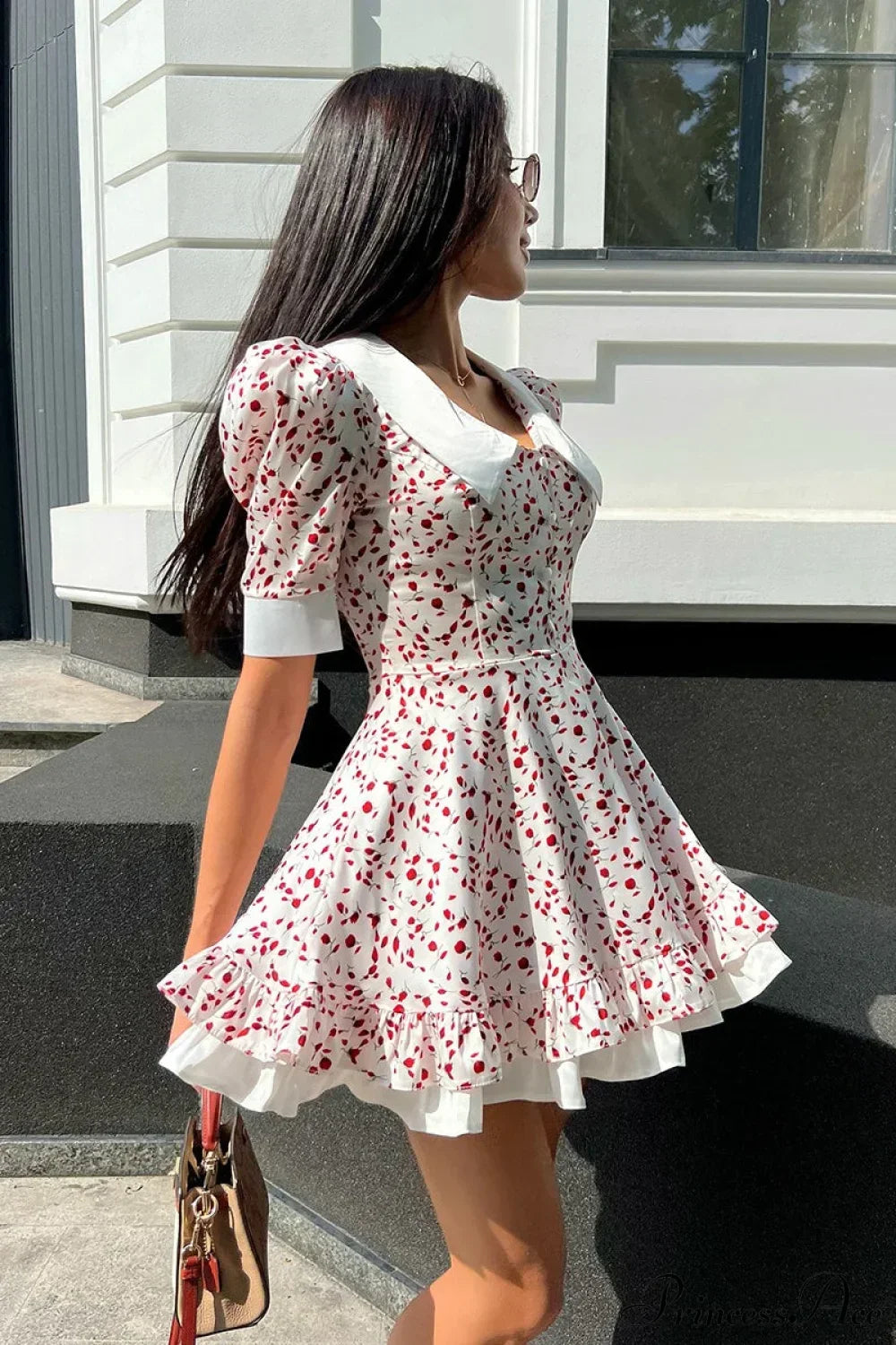 Print Peter Pan Collar Puff Sleeve Tiered Ruffle Babydoll Mini Dress 2
