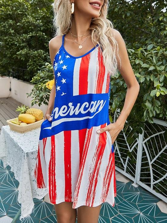 Distressed Flag Print Scoop Neck Spaghetti Strap Shift Mini Dress 6