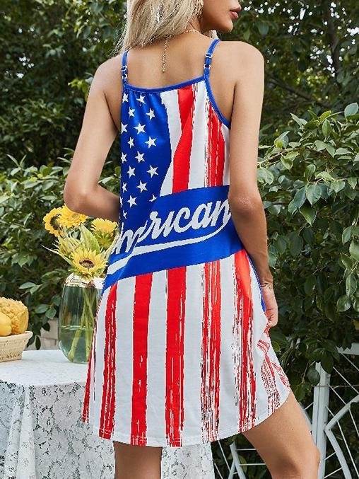 Distressed Flag Print Scoop Neck Spaghetti Strap Shift Mini Dress 8