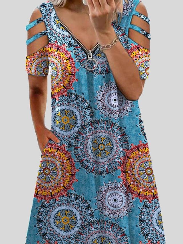 Mandala Print Zip Front Cold Shoulder Strap Midi Dress 3