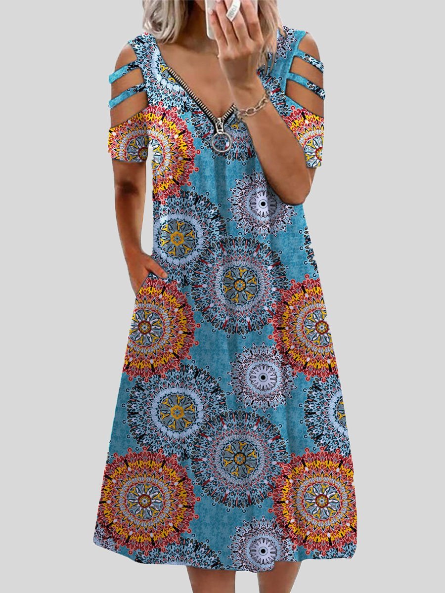 Mandala Print Zip Front Cold Shoulder Strap Midi Dress 2