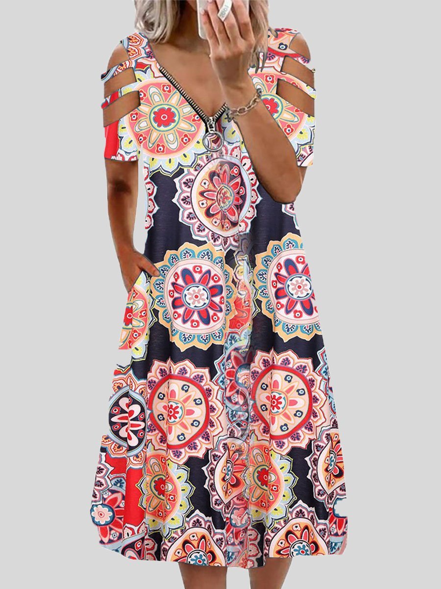 Mandala Print Zip Front Cold Shoulder Strap Midi Dress 5